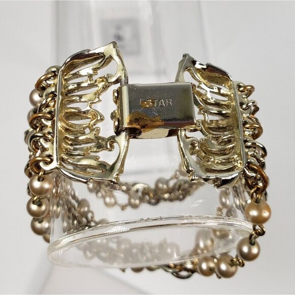 Vintage 1990's Signed Star 5 Strand Gray Pearl Beads Chains 6 1/2 Bracelet - Picture 9 of 15